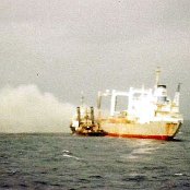 MV Aris on fire Feb 1982